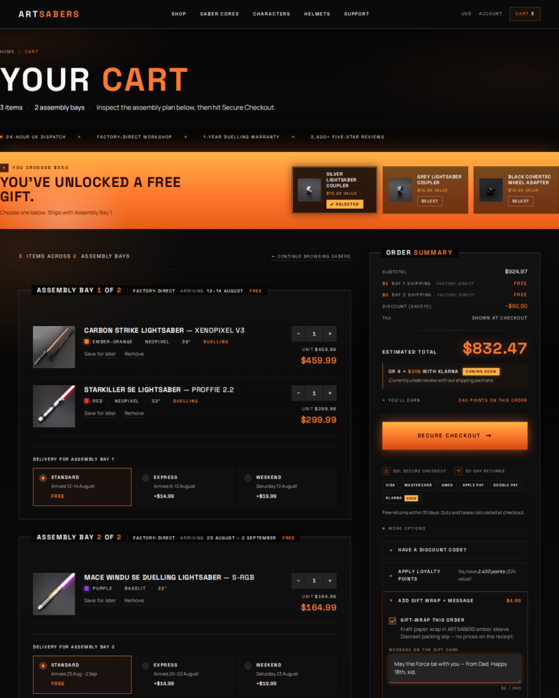 ARTSABERS — Cart Build Brief · Variant A · The Assembly Bay
