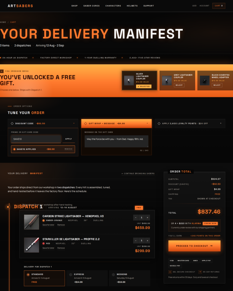 ARTSABERS — Cart Build Brief · Variant B · The Manifest