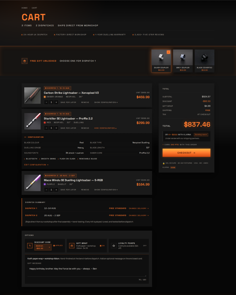 ARTSABERS — Cart Build Brief · Variant C · The Bench