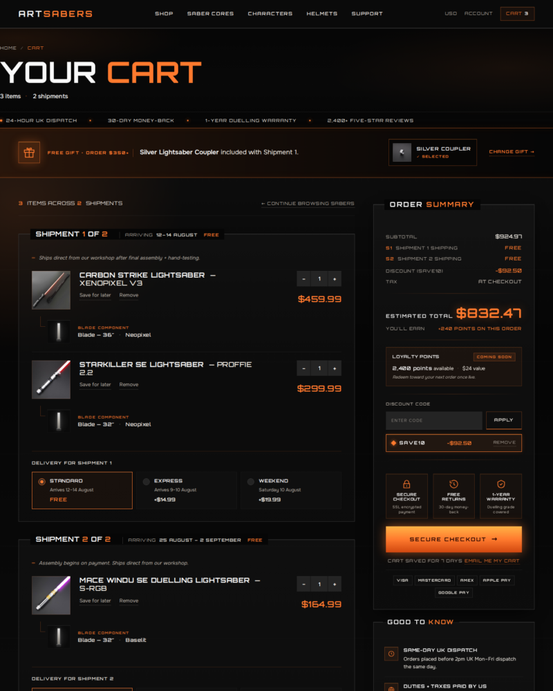 ARTSABERS — Cart Build Brief · Variant D · The Shipment Cart