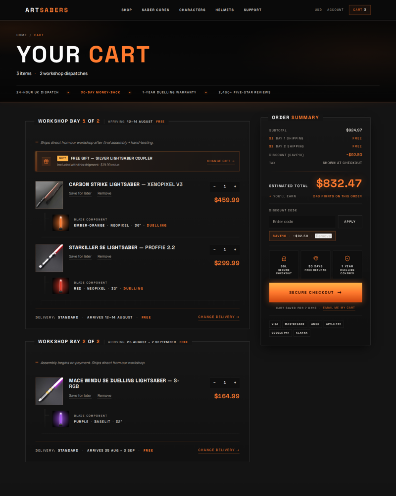 ARTSABERS — Cart Build Brief · Variant E · The Curated Cart
