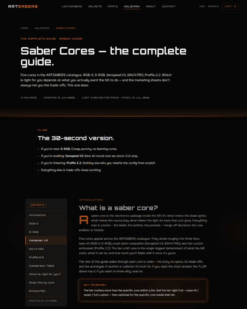 ARTSABERS — Saber Cores · Complete Guide ·