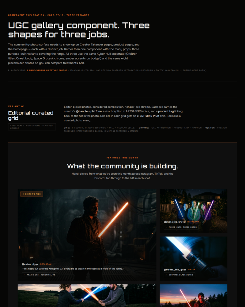 ARTSABERS — UGC Gallery Component · 3 Variants